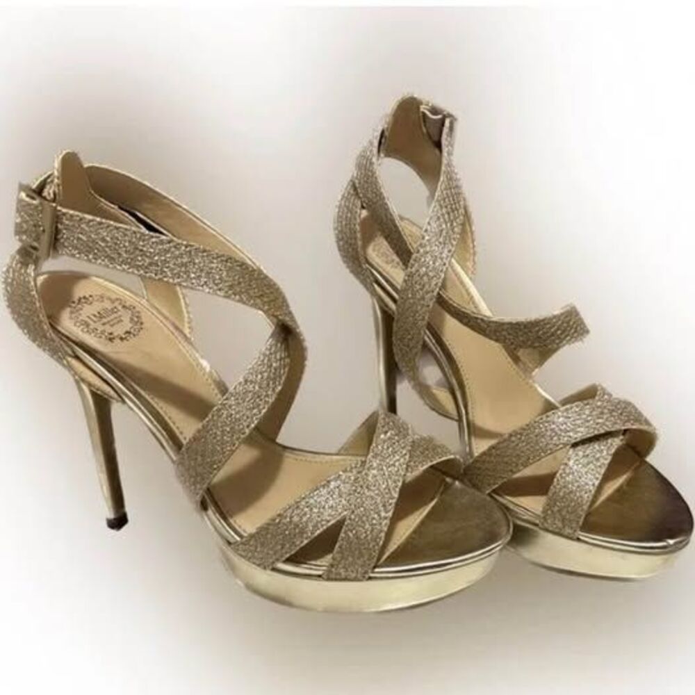 I. Miller Gold Glitter Strappy Heels – Size 7.5 (Jimmy Choo Style)